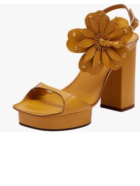 FOWT Yellow Open Toe Platform Sandals Flower Chunky High Heel Ankle Strap Shoes